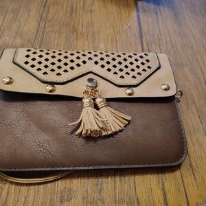 Women's Two-Tone Brown and Beige Tassel Crossbody Clutch